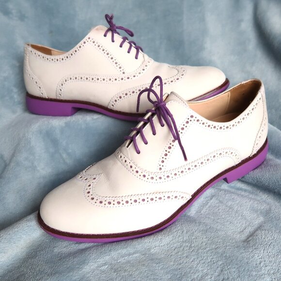 Cole Haan ALISA womens White Suede Oxford with purple trim sz 10.5 Preppy - Picture 1 of 14